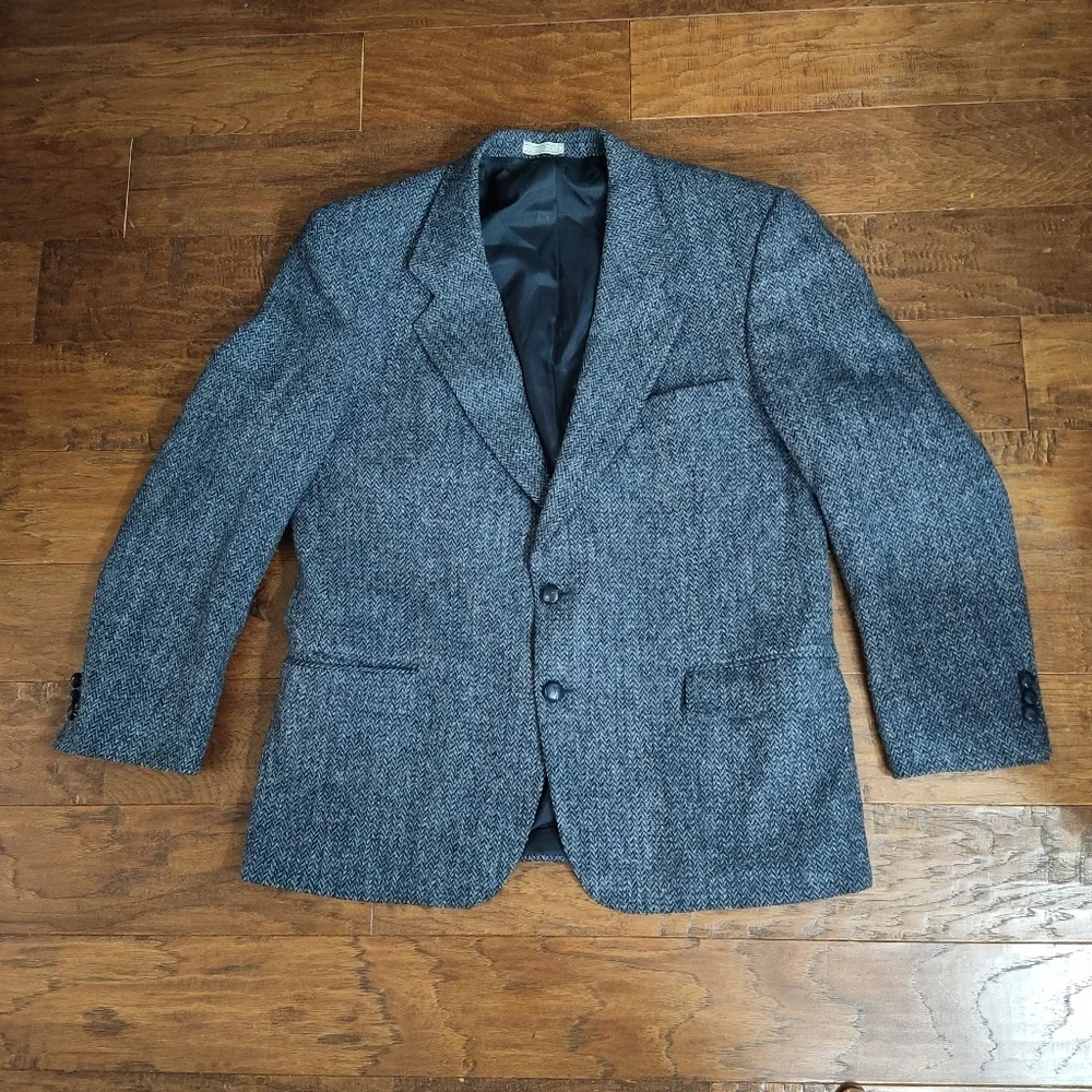 Harris Tweed Handwoven Scottish Wool Blazer 44R Leishman Gray Herringbone Union - Picture 2 of 9